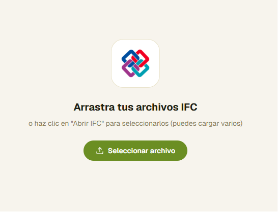 Estado vacío del visor: «Arrastra tus archivos IFC» y el botón Seleccionar archivo.