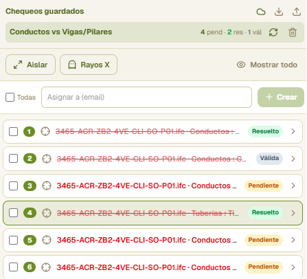 Chequeo de interferencias guardado con estados pendiente, nuevo, resuelto y válida.