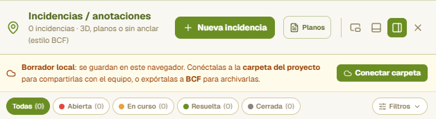 Aviso «Borrador local» con el botón Conectar carpeta en el panel de incidencias.