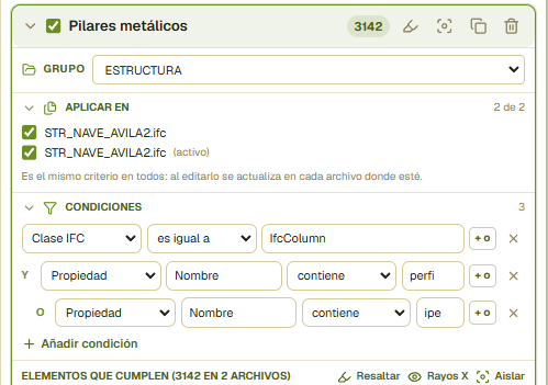 Un criterio con sus condiciones: el conector «y» entre exigencias distintas y el «o» de una alternativa, con el botón + o.