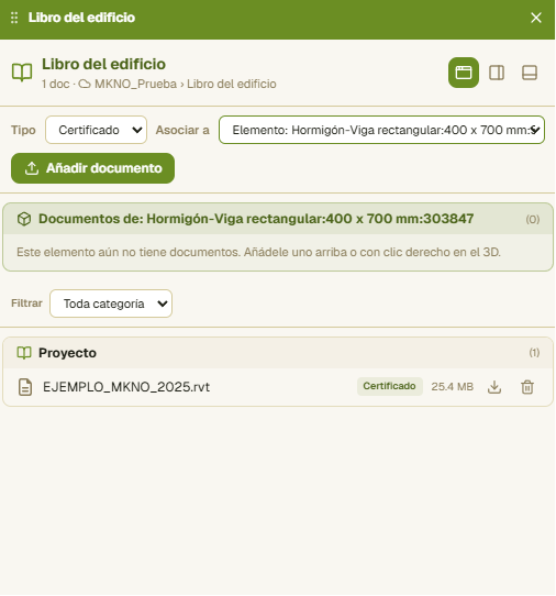 Panel del Libro del edificio con la lista de documentos del proyecto.