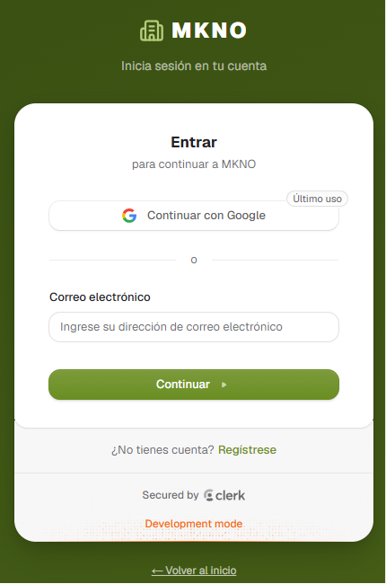 Pantalla de inicio de sesión de MKNO: continuar con Google o con correo electrónico.