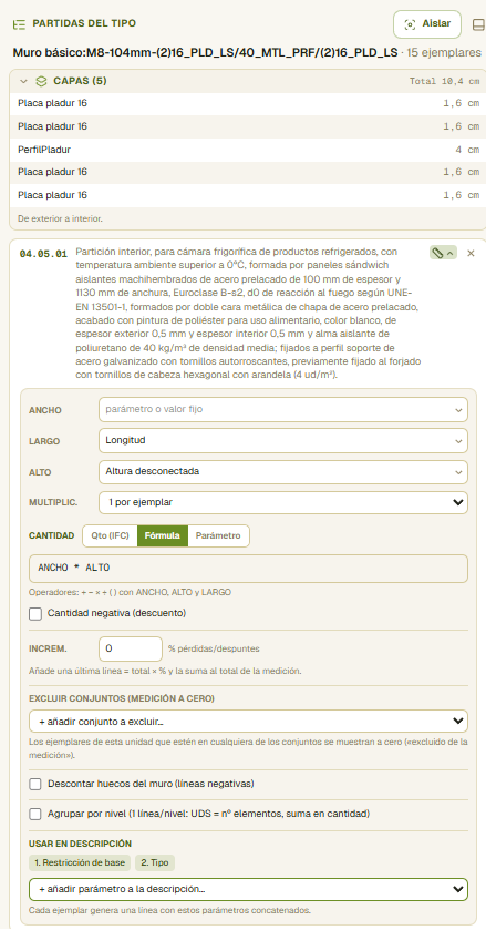 Editor de configuración de medición de una partida: área o perímetro, huecos, fórmula o dimensiones.