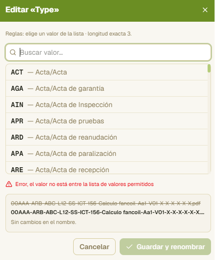 Diálogo de edición de una celda que muestra el nombre resultante y renombra el archivo en disco.
