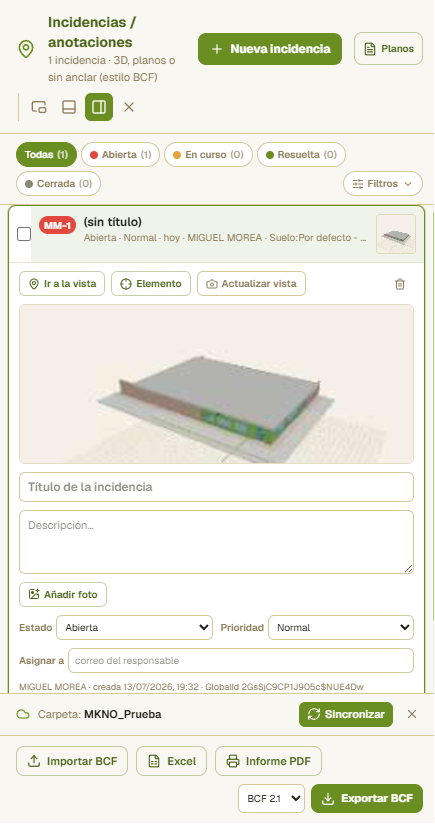 Panel de incidencias con la ficha de una nueva incidencia: vista 3D, título, descripción, foto, estado, prioridad y asignar a.