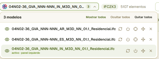 Lista desplegable de modelos cargados, cada uno con ojo, nombre y botón de quitar.